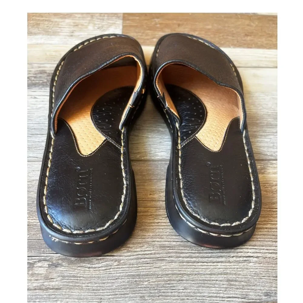 BORN Womens Black Casual Leather Slide Sandals Size 7.5 With Stitching